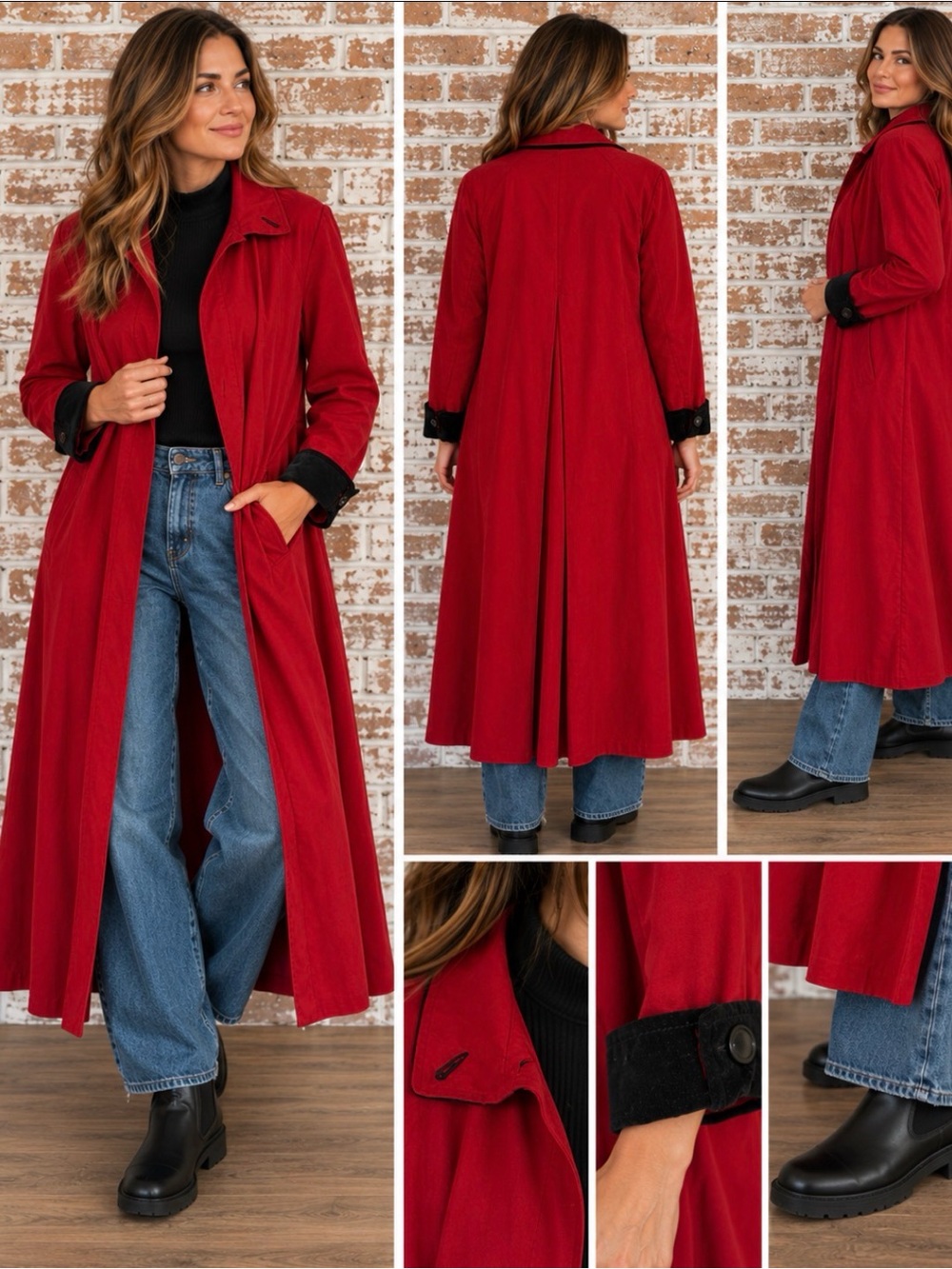 Vintage Misty Harbor Red Full Length Trench Coat Sz 8 Black Velvet Trim